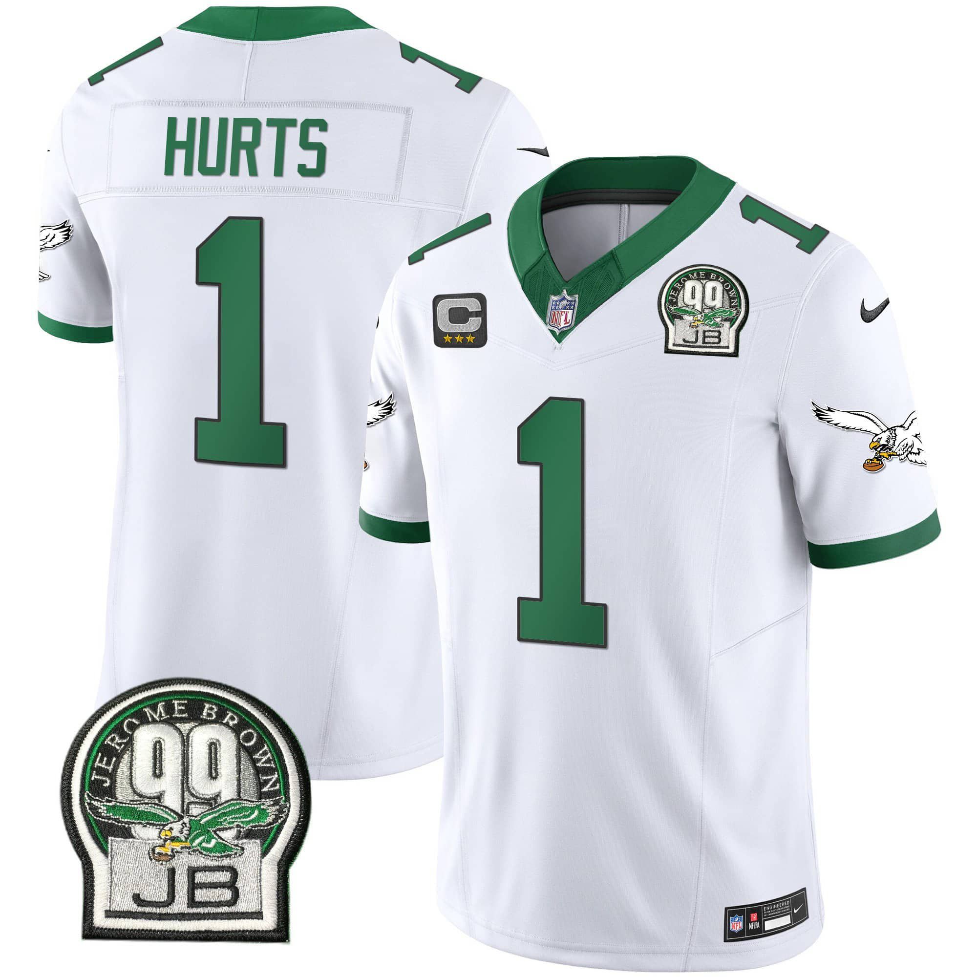 Men Philadelphia Eagles 1 Hurts White 2024 Nike Jerome Brown Patch Alternate Limited NFL Jersey